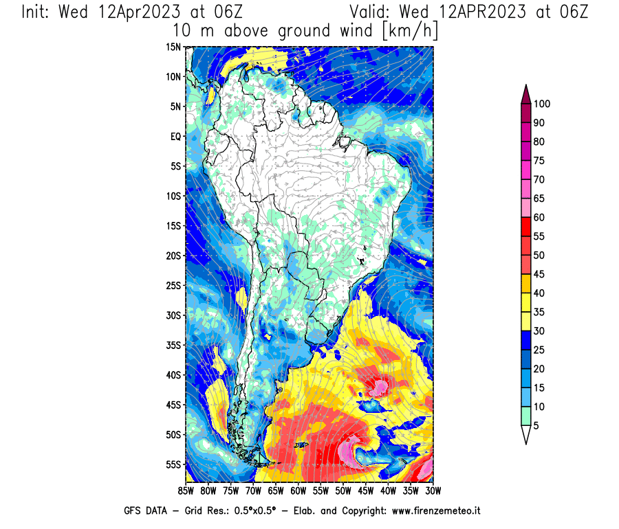 GFS analysi map - Wind Speed at 10 m above ground [km/h] in South America
									on 12/04/2023 06 <!--googleoff: index-->UTC<!--googleon: index-->