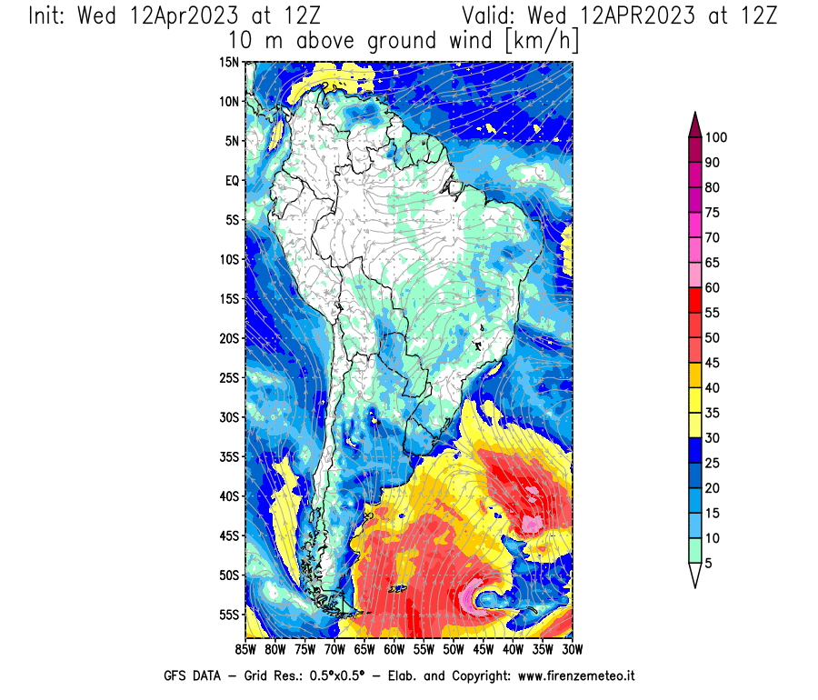 GFS analysi map - Wind Speed at 10 m above ground [km/h] in South America
									on 12/04/2023 12 <!--googleoff: index-->UTC<!--googleon: index-->
