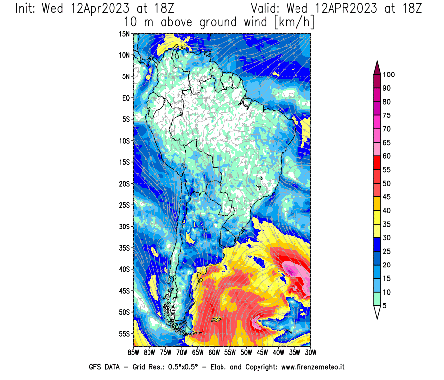 GFS analysi map - Wind Speed at 10 m above ground [km/h] in South America
									on 12/04/2023 18 <!--googleoff: index-->UTC<!--googleon: index-->