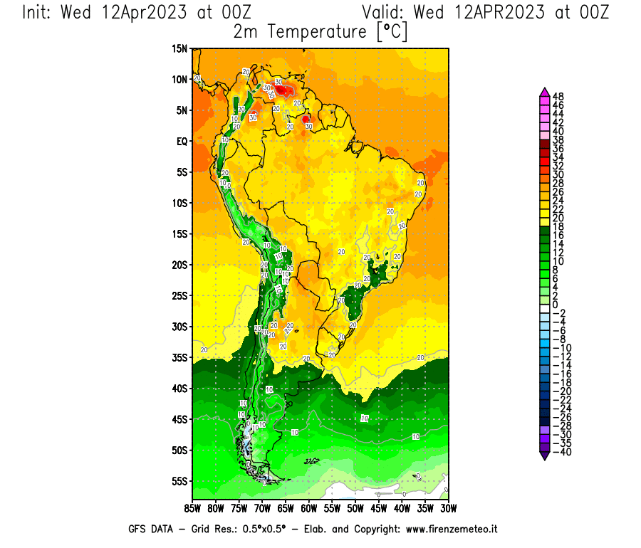 GFS analysi map - Temperature at 2 m above ground [°C] in South America
									on 12/04/2023 00 <!--googleoff: index-->UTC<!--googleon: index-->