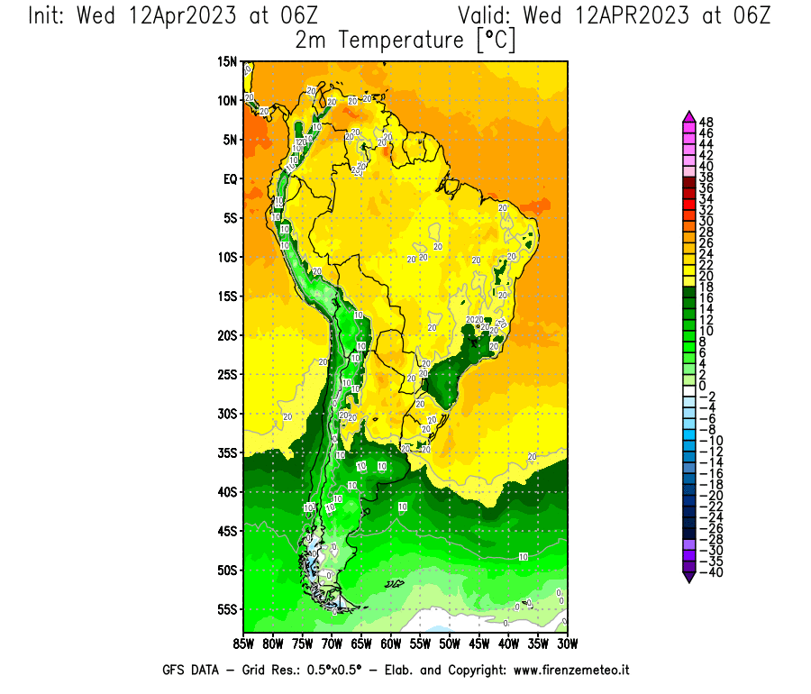 GFS analysi map - Temperature at 2 m above ground [°C] in South America
									on 12/04/2023 06 <!--googleoff: index-->UTC<!--googleon: index-->