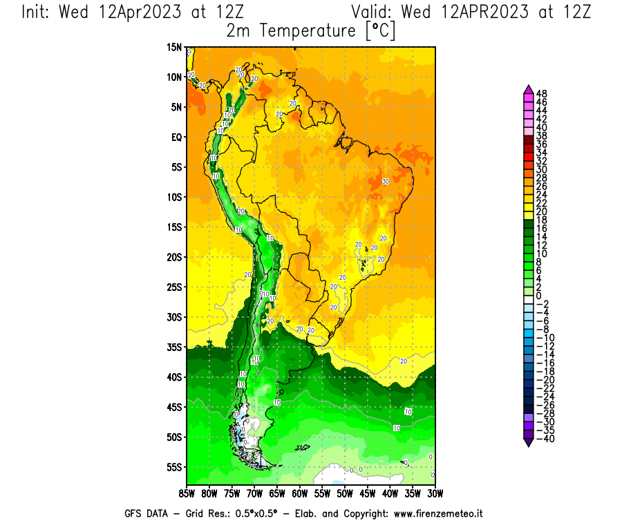 GFS analysi map - Temperature at 2 m above ground [°C] in South America
									on 12/04/2023 12 <!--googleoff: index-->UTC<!--googleon: index-->