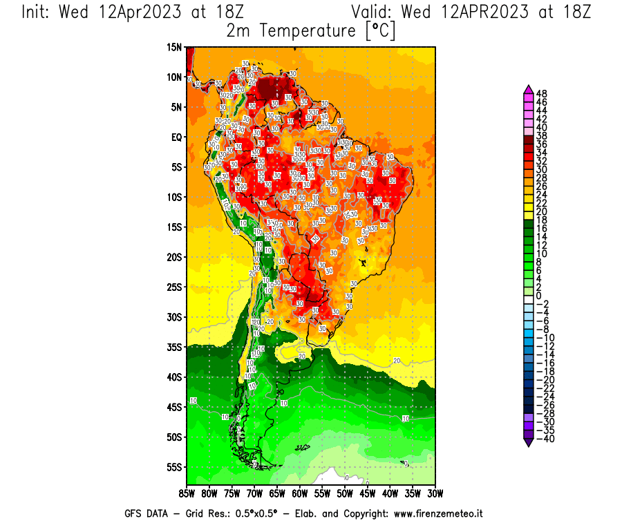 GFS analysi map - Temperature at 2 m above ground [°C] in South America
									on 12/04/2023 18 <!--googleoff: index-->UTC<!--googleon: index-->