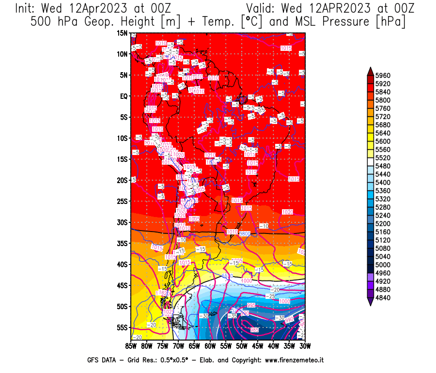 GFS analysi map - Geopotential [m] + Temp. [°C] at 500 hPa + Sea Level Pressure [hPa] in South America
									on 12/04/2023 00 <!--googleoff: index-->UTC<!--googleon: index-->