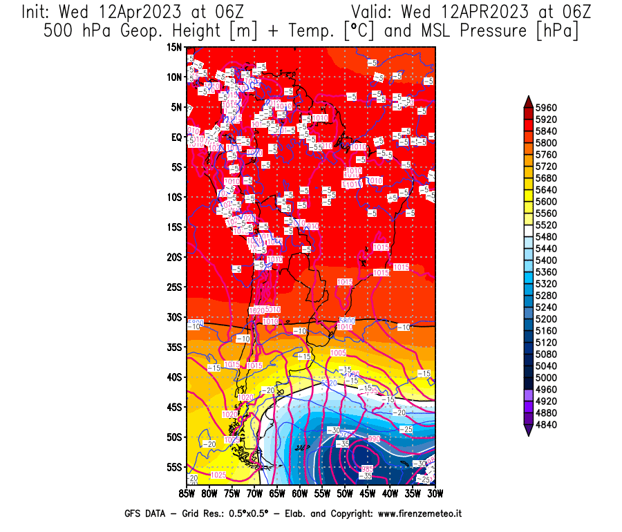 GFS analysi map - Geopotential [m] + Temp. [°C] at 500 hPa + Sea Level Pressure [hPa] in South America
									on 12/04/2023 06 <!--googleoff: index-->UTC<!--googleon: index-->