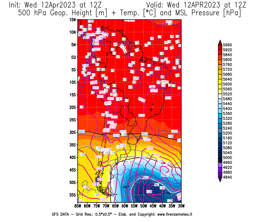 GFS analysi map - Geopotential [m] + Temp. [°C] at 500 hPa + Sea Level Pressure [hPa] in South America
									on 12/04/2023 12 <!--googleoff: index-->UTC<!--googleon: index-->