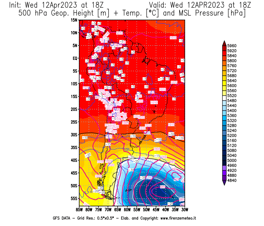 GFS analysi map - Geopotential [m] + Temp. [°C] at 500 hPa + Sea Level Pressure [hPa] in South America
									on 12/04/2023 18 <!--googleoff: index-->UTC<!--googleon: index-->