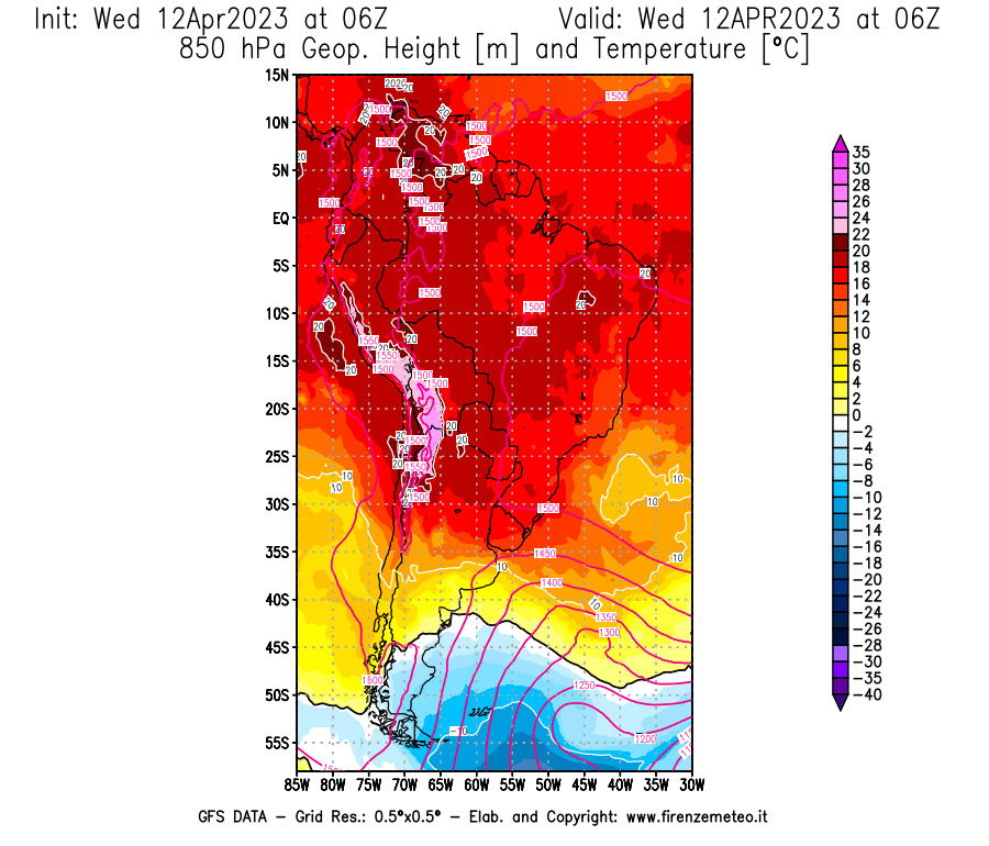 GFS analysi map - Geopotential [m] and Temperature [°C] at 850 hPa in South America
									on 12/04/2023 06 <!--googleoff: index-->UTC<!--googleon: index-->