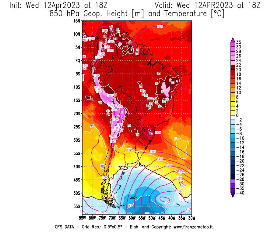 GFS analysi map - Geopotential [m] and Temperature [°C] at 850 hPa in South America
									on 12/04/2023 18 <!--googleoff: index-->UTC<!--googleon: index-->