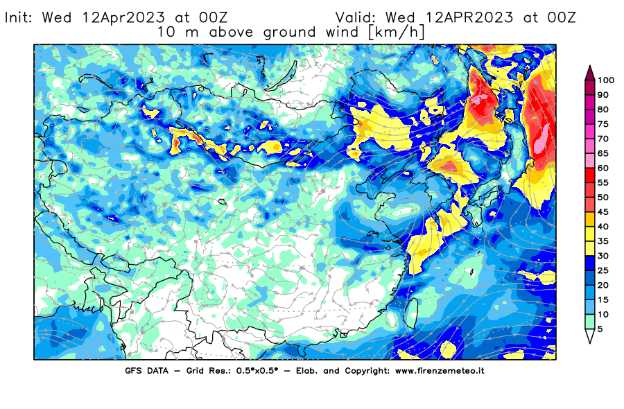 GFS analysi map - Wind Speed at 10 m above ground [km/h] in East Asia
									on 12/04/2023 00 <!--googleoff: index-->UTC<!--googleon: index-->