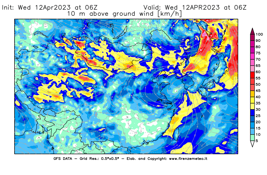 GFS analysi map - Wind Speed at 10 m above ground [km/h] in East Asia
									on 12/04/2023 06 <!--googleoff: index-->UTC<!--googleon: index-->