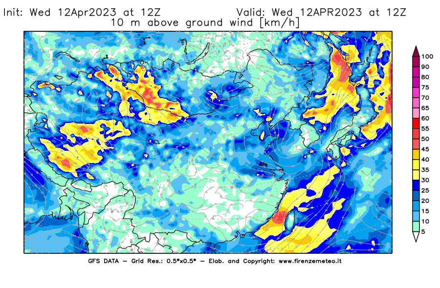 GFS analysi map - Wind Speed at 10 m above ground [km/h] in East Asia
									on 12/04/2023 12 <!--googleoff: index-->UTC<!--googleon: index-->