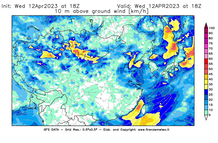 GFS analysi map - Wind Speed at 10 m above ground [km/h] in East Asia
									on 12/04/2023 18 <!--googleoff: index-->UTC<!--googleon: index-->
