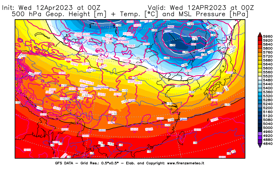 GFS analysi map - Geopotential [m] + Temp. [°C] at 500 hPa + Sea Level Pressure [hPa] in East Asia
									on 12/04/2023 00 <!--googleoff: index-->UTC<!--googleon: index-->
