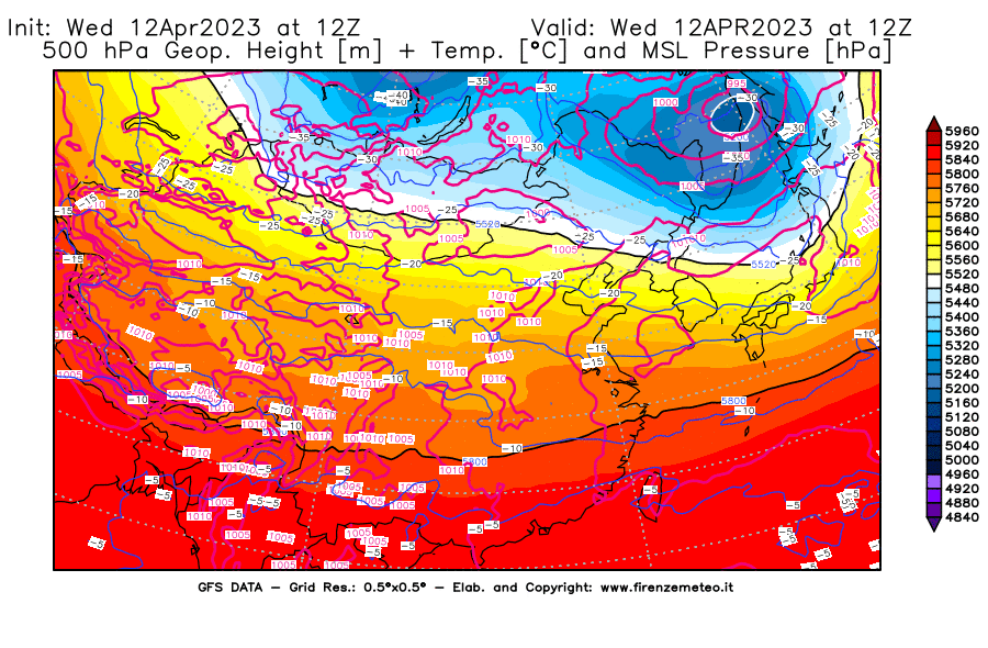 GFS analysi map - Geopotential [m] + Temp. [°C] at 500 hPa + Sea Level Pressure [hPa] in East Asia
									on 12/04/2023 12 <!--googleoff: index-->UTC<!--googleon: index-->