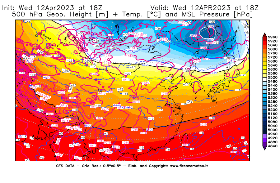 GFS analysi map - Geopotential [m] + Temp. [°C] at 500 hPa + Sea Level Pressure [hPa] in East Asia
									on 12/04/2023 18 <!--googleoff: index-->UTC<!--googleon: index-->
