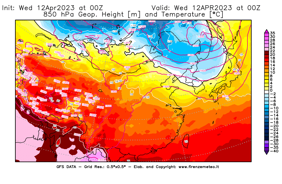 GFS analysi map - Geopotential [m] and Temperature [°C] at 850 hPa in East Asia
									on 12/04/2023 00 <!--googleoff: index-->UTC<!--googleon: index-->