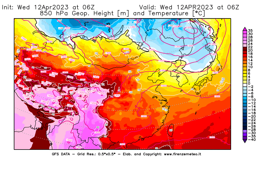 GFS analysi map - Geopotential [m] and Temperature [°C] at 850 hPa in East Asia
									on 12/04/2023 06 <!--googleoff: index-->UTC<!--googleon: index-->