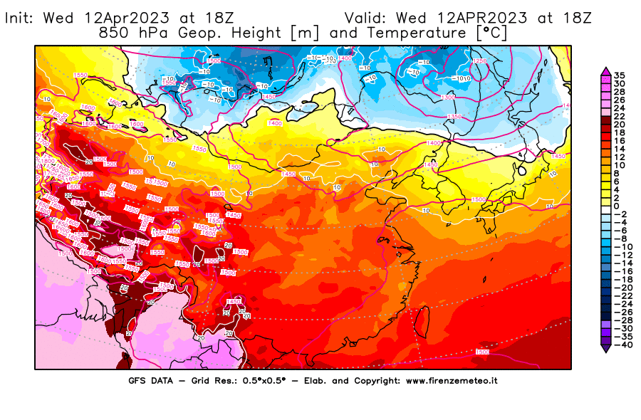 GFS analysi map - Geopotential [m] and Temperature [°C] at 850 hPa in East Asia
									on 12/04/2023 18 <!--googleoff: index-->UTC<!--googleon: index-->