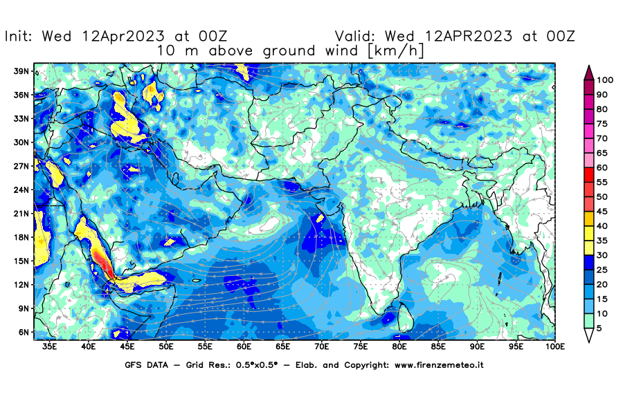 GFS analysi map - Wind Speed at 10 m above ground [km/h] in South West Asia 
									on 12/04/2023 00 <!--googleoff: index-->UTC<!--googleon: index-->