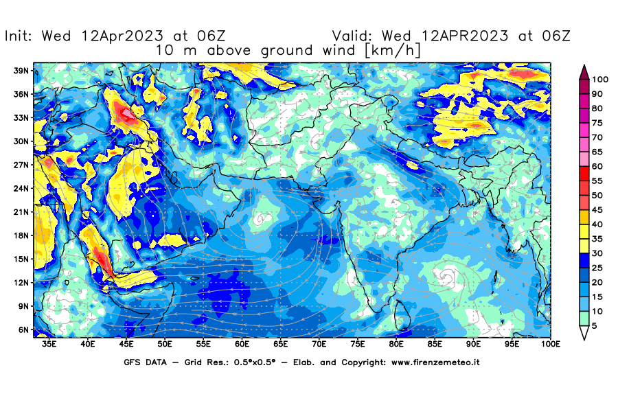 GFS analysi map - Wind Speed at 10 m above ground [km/h] in South West Asia 
									on 12/04/2023 06 <!--googleoff: index-->UTC<!--googleon: index-->