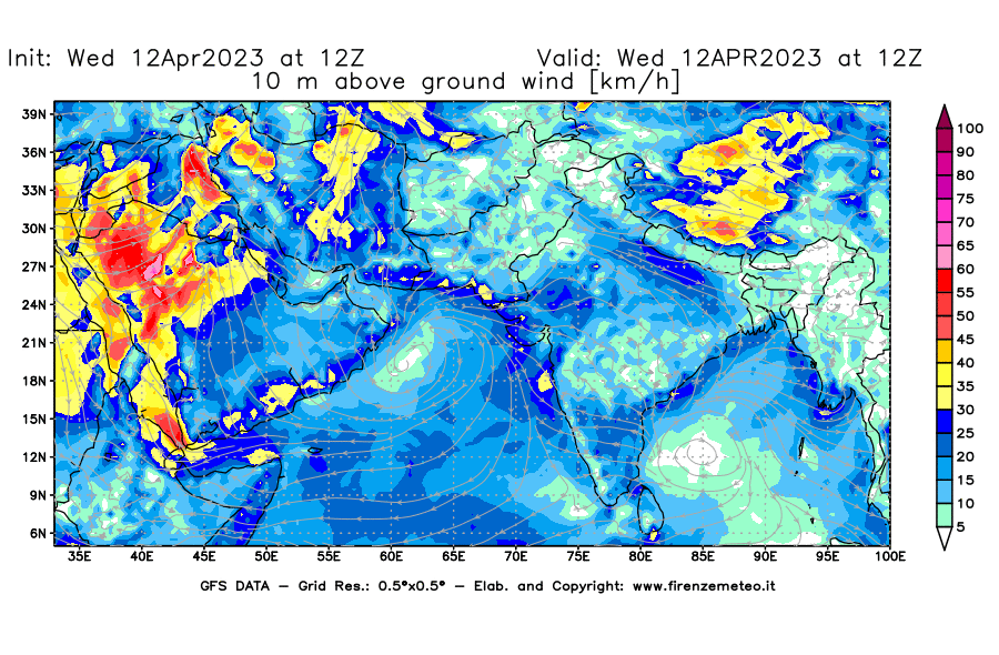 GFS analysi map - Wind Speed at 10 m above ground [km/h] in South West Asia 
									on 12/04/2023 12 <!--googleoff: index-->UTC<!--googleon: index-->