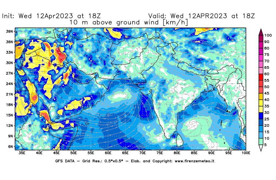 GFS analysi map - Wind Speed at 10 m above ground [km/h] in South West Asia 
									on 12/04/2023 18 <!--googleoff: index-->UTC<!--googleon: index-->