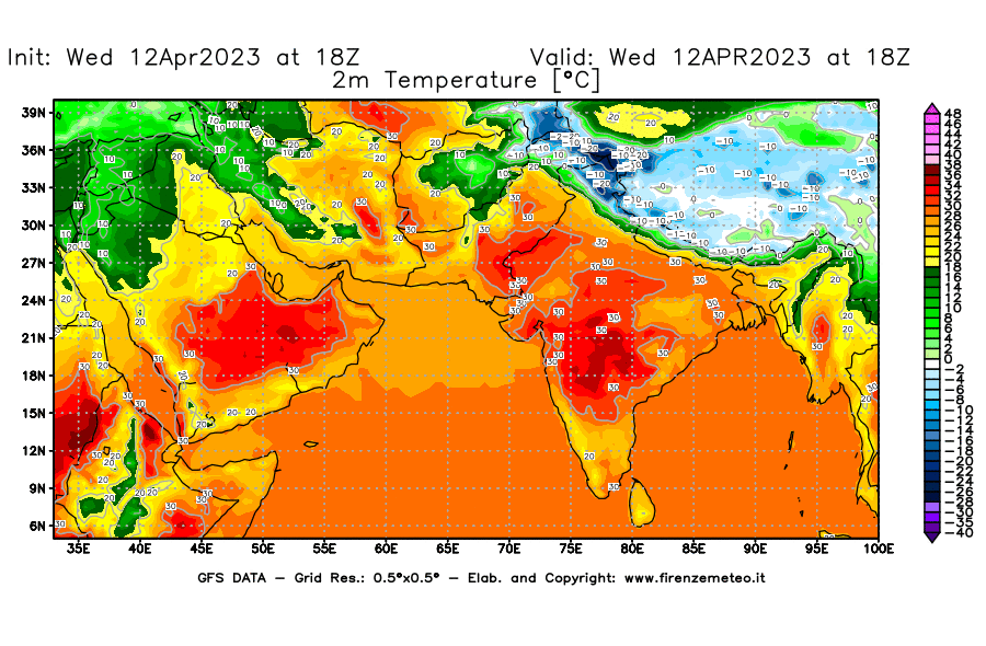 GFS analysi map - Temperature at 2 m above ground [°C] in South West Asia 
									on 12/04/2023 18 <!--googleoff: index-->UTC<!--googleon: index-->