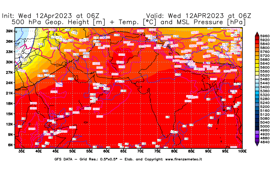 GFS analysi map - Geopotential [m] + Temp. [°C] at 500 hPa + Sea Level Pressure [hPa] in South West Asia 
									on 12/04/2023 06 <!--googleoff: index-->UTC<!--googleon: index-->