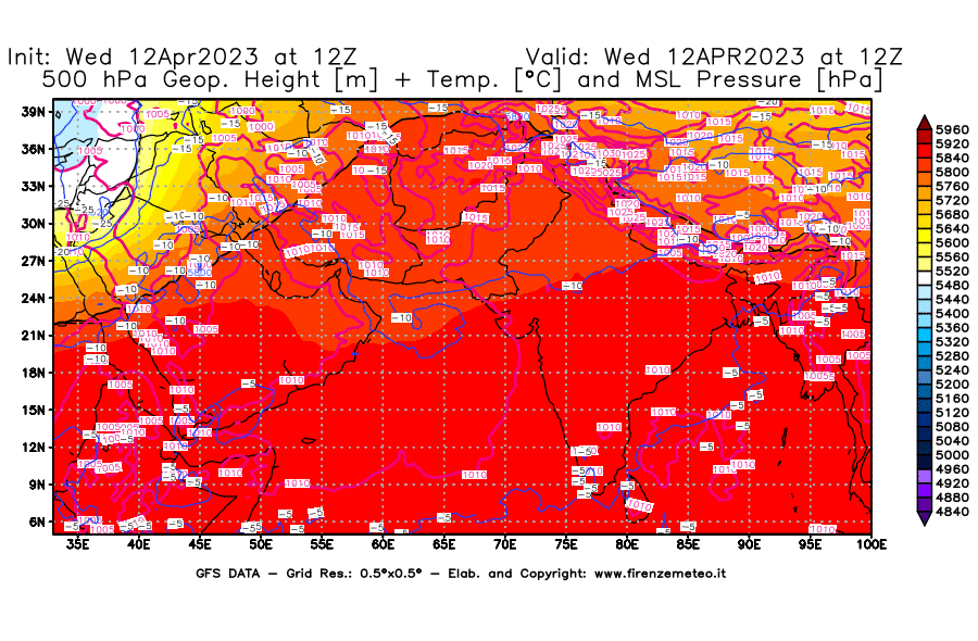GFS analysi map - Geopotential [m] + Temp. [°C] at 500 hPa + Sea Level Pressure [hPa] in South West Asia 
									on 12/04/2023 12 <!--googleoff: index-->UTC<!--googleon: index-->