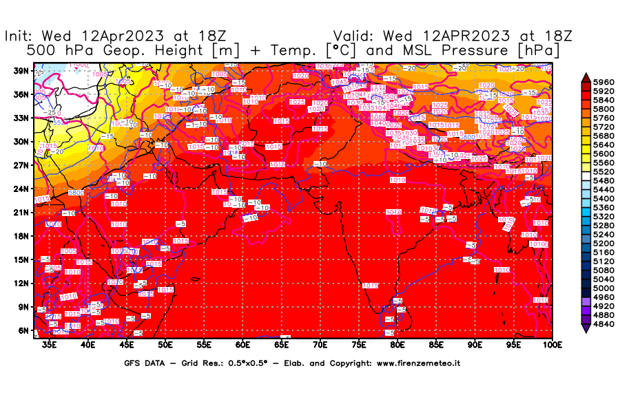 GFS analysi map - Geopotential [m] + Temp. [°C] at 500 hPa + Sea Level Pressure [hPa] in South West Asia 
									on 12/04/2023 18 <!--googleoff: index-->UTC<!--googleon: index-->