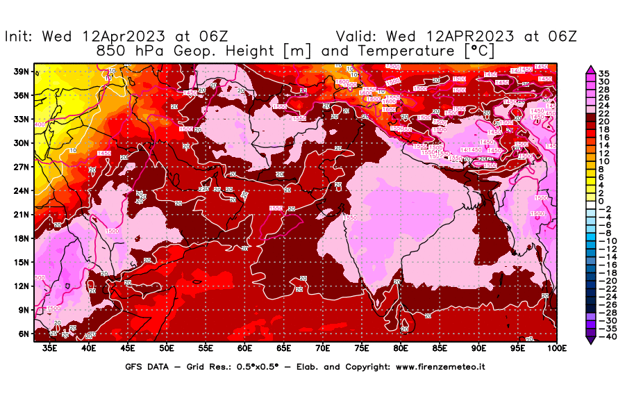 GFS analysi map - Geopotential [m] and Temperature [°C] at 850 hPa in South West Asia 
									on 12/04/2023 06 <!--googleoff: index-->UTC<!--googleon: index-->