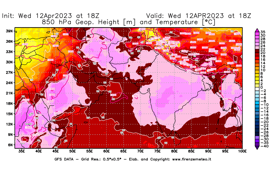 GFS analysi map - Geopotential [m] and Temperature [°C] at 850 hPa in South West Asia 
									on 12/04/2023 18 <!--googleoff: index-->UTC<!--googleon: index-->