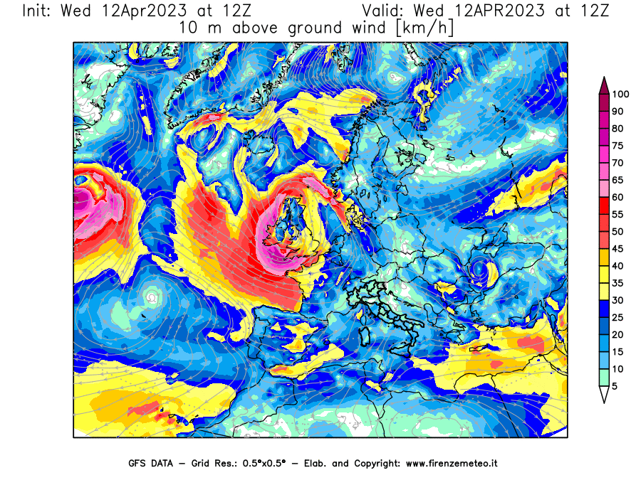 GFS analysi map - Wind Speed at 10 m above ground [km/h] in Europe
									on 12/04/2023 12 <!--googleoff: index-->UTC<!--googleon: index-->