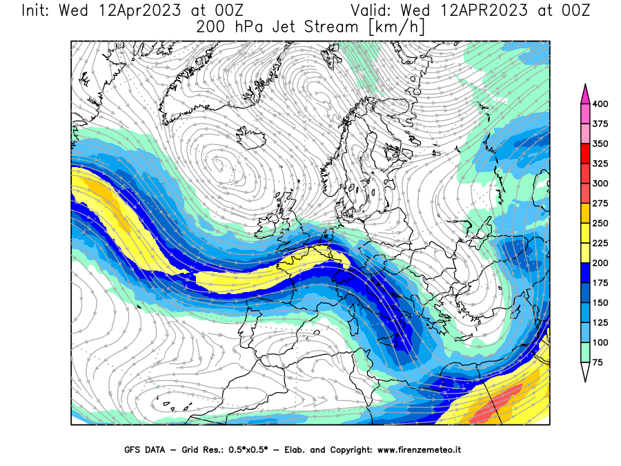 GFS analysi map - Jet Stream at 200 hPa in Europe
									on 12/04/2023 00 <!--googleoff: index-->UTC<!--googleon: index-->