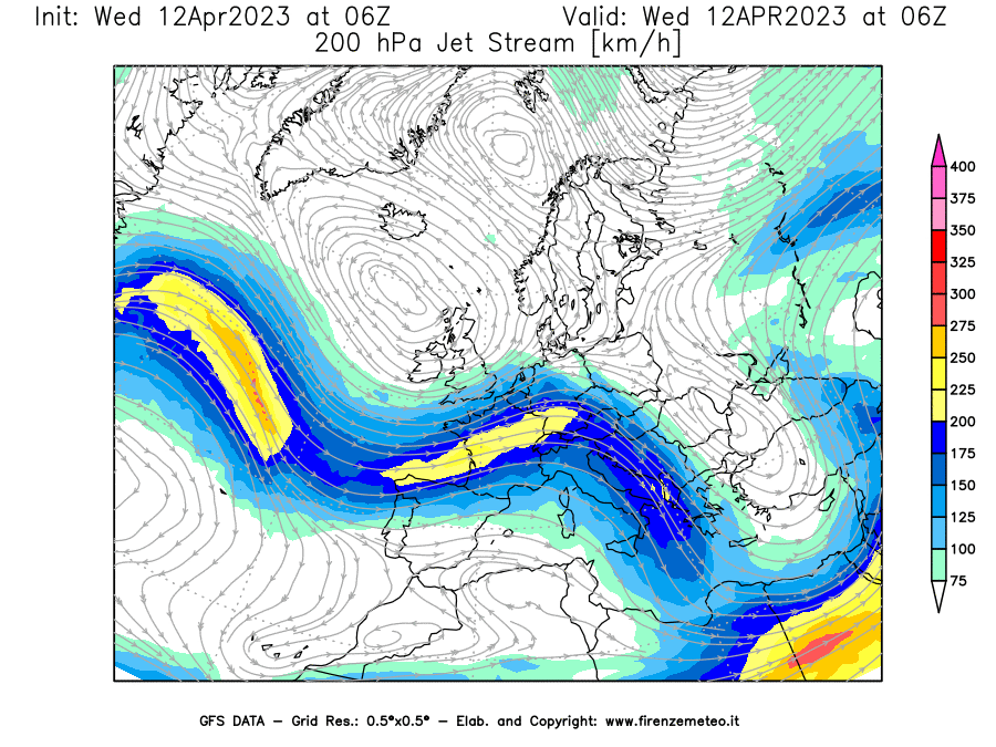 GFS analysi map - Jet Stream at 200 hPa in Europe
									on 12/04/2023 06 <!--googleoff: index-->UTC<!--googleon: index-->