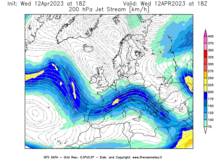 GFS analysi map - Jet Stream at 200 hPa in Europe
									on 12/04/2023 18 <!--googleoff: index-->UTC<!--googleon: index-->