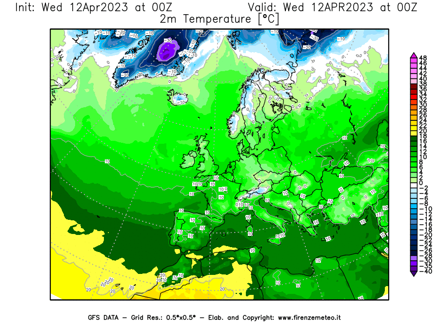 GFS analysi map - Temperature at 2 m above ground [°C] in Europe
									on 12/04/2023 00 <!--googleoff: index-->UTC<!--googleon: index-->