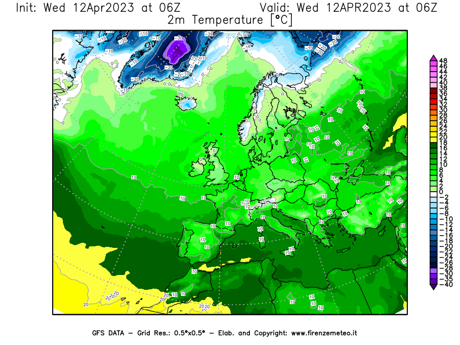 GFS analysi map - Temperature at 2 m above ground [°C] in Europe
									on 12/04/2023 06 <!--googleoff: index-->UTC<!--googleon: index-->