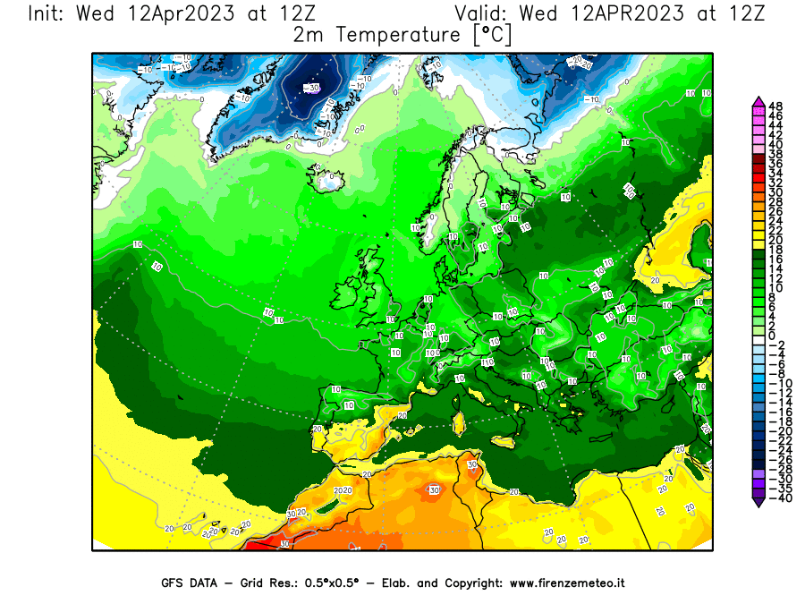 GFS analysi map - Temperature at 2 m above ground [°C] in Europe
									on 12/04/2023 12 <!--googleoff: index-->UTC<!--googleon: index-->