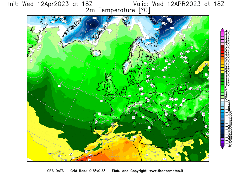 GFS analysi map - Temperature at 2 m above ground [°C] in Europe
									on 12/04/2023 18 <!--googleoff: index-->UTC<!--googleon: index-->
