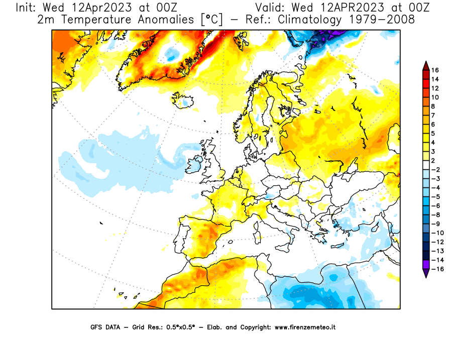 GFS analysi map - Temperature Anomalies [°C] at 2 m in Europe
									on 12/04/2023 00 <!--googleoff: index-->UTC<!--googleon: index-->
