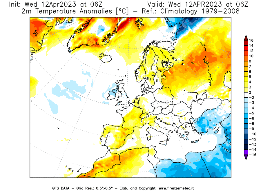 GFS analysi map - Temperature Anomalies [°C] at 2 m in Europe
									on 12/04/2023 06 <!--googleoff: index-->UTC<!--googleon: index-->