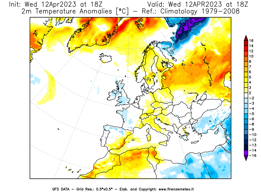 GFS analysi map - Temperature Anomalies [°C] at 2 m in Europe
									on 12/04/2023 18 <!--googleoff: index-->UTC<!--googleon: index-->