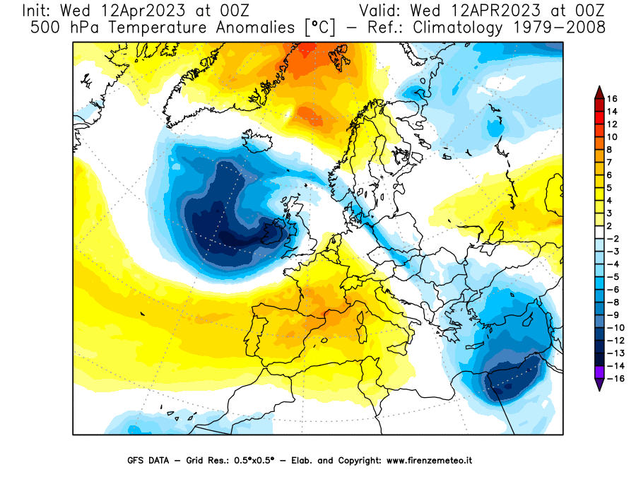 GFS analysi map - Temperature Anomalies [°C] at 500 hPa in Europe
									on 12/04/2023 00 <!--googleoff: index-->UTC<!--googleon: index-->