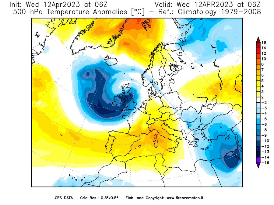GFS analysi map - Temperature Anomalies [°C] at 500 hPa in Europe
									on 12/04/2023 06 <!--googleoff: index-->UTC<!--googleon: index-->