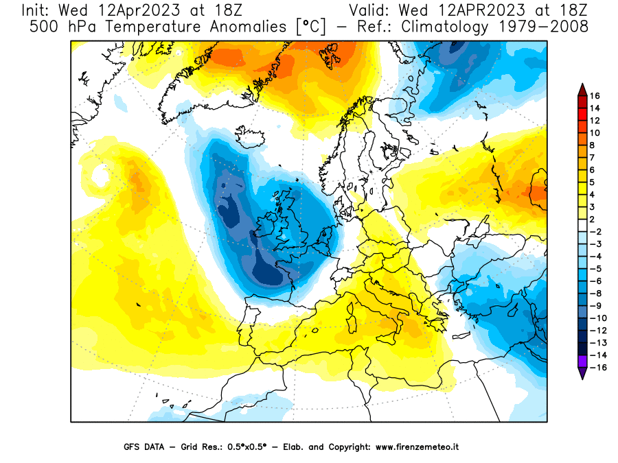 GFS analysi map - Temperature Anomalies [°C] at 500 hPa in Europe
									on 12/04/2023 18 <!--googleoff: index-->UTC<!--googleon: index-->