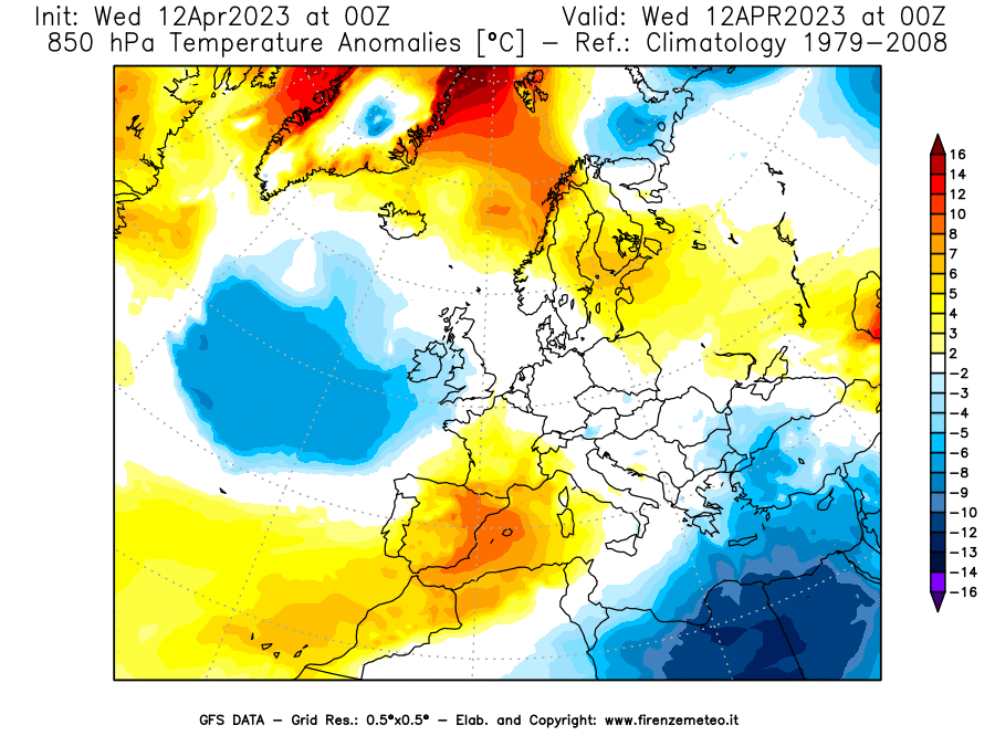 GFS analysi map - Temperature Anomalies [°C] at 850 hPa in Europe
									on 12/04/2023 00 <!--googleoff: index-->UTC<!--googleon: index-->