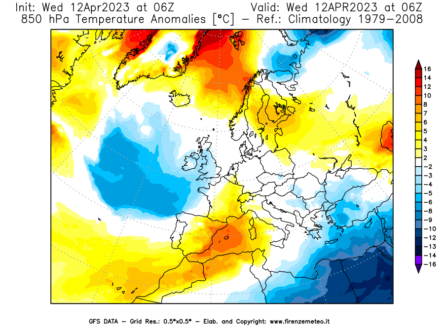 GFS analysi map - Temperature Anomalies [°C] at 850 hPa in Europe
									on 12/04/2023 06 <!--googleoff: index-->UTC<!--googleon: index-->
