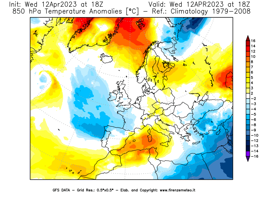 GFS analysi map - Temperature Anomalies [°C] at 850 hPa in Europe
									on 12/04/2023 18 <!--googleoff: index-->UTC<!--googleon: index-->